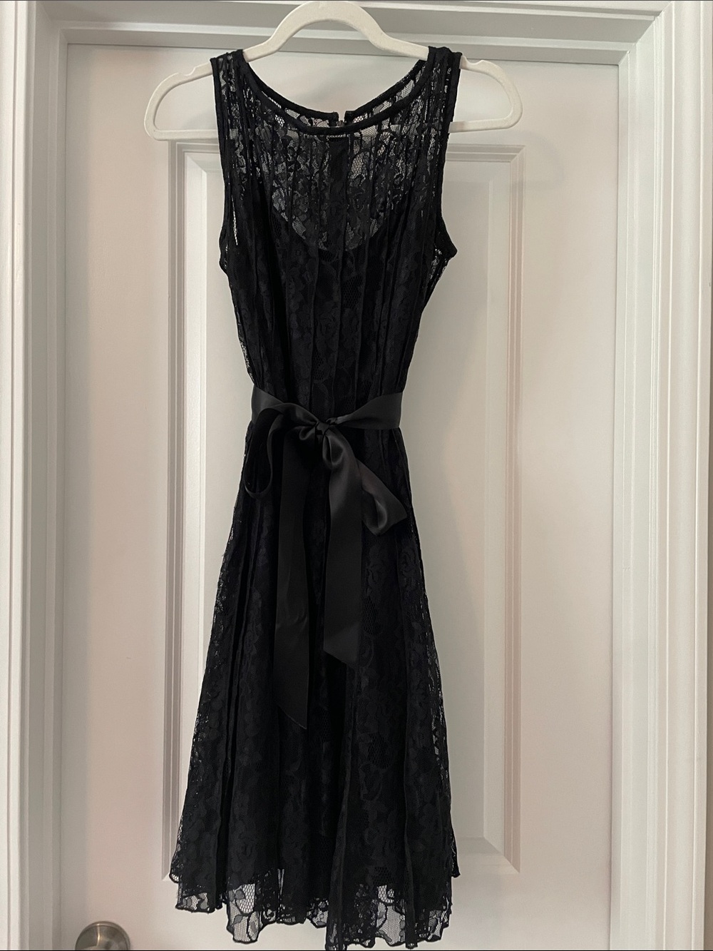 Xscape Black Lace Midi Dress with Satin Waist Tie